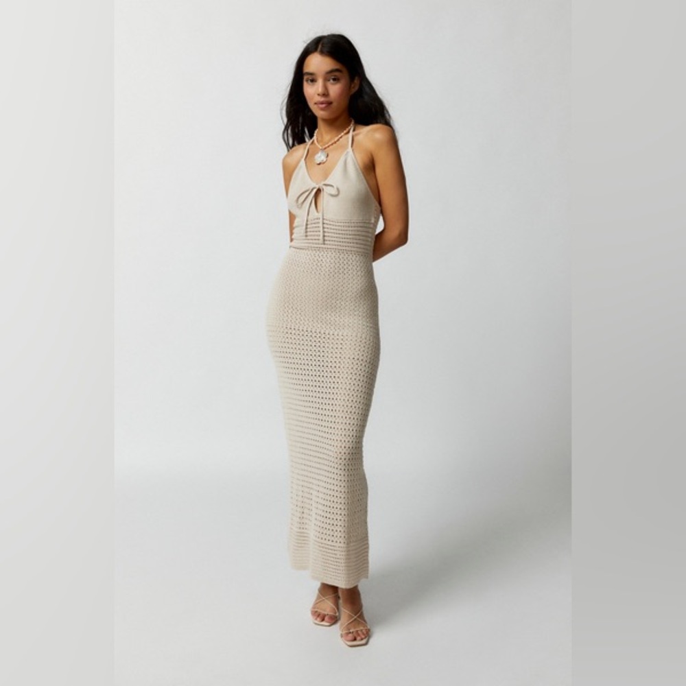 Tie-Front Crochet Halter Maxi Dress